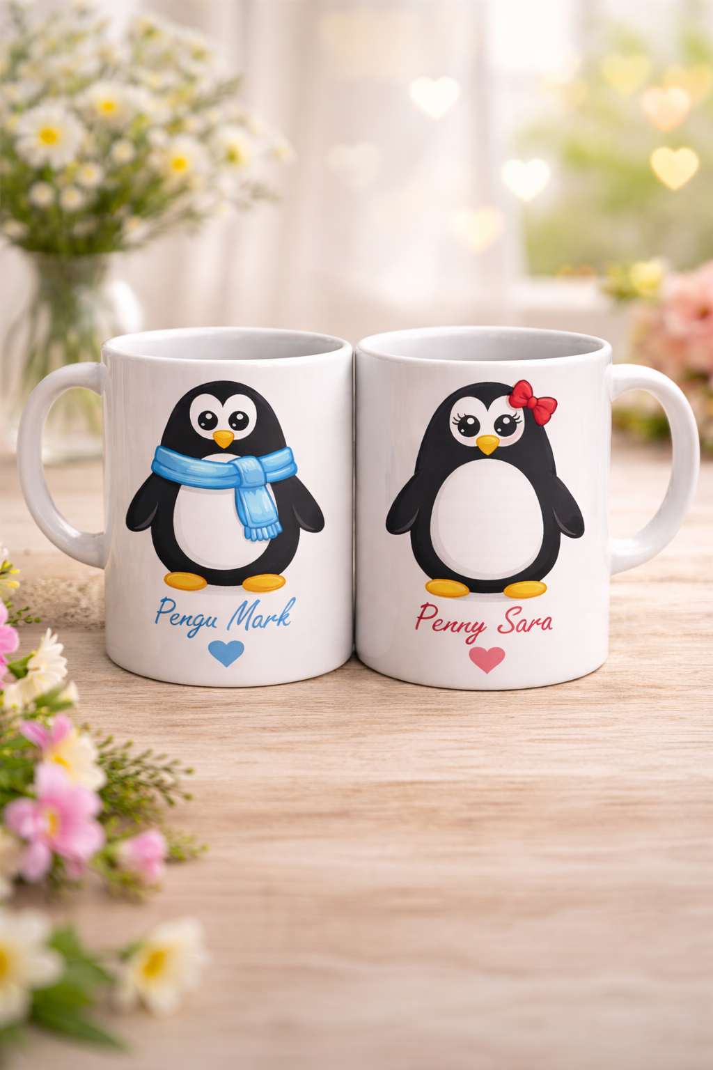 Personalisierte Paartassen mit Pinguin-Design – mit Namen