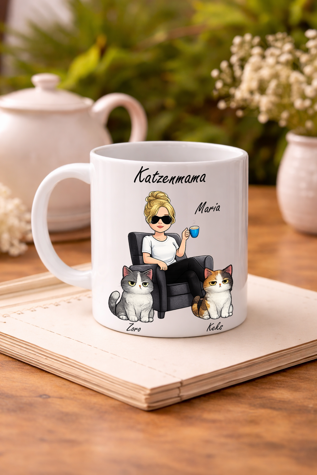 Personalisierte Tasse „Katzenmama“ – mit Wunschname & Katzenauswahl